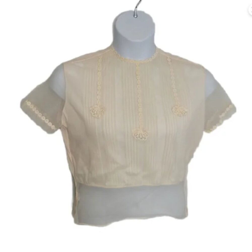 VINTAGE 50s peach floral eyelet applique short sleeve button back blouse S